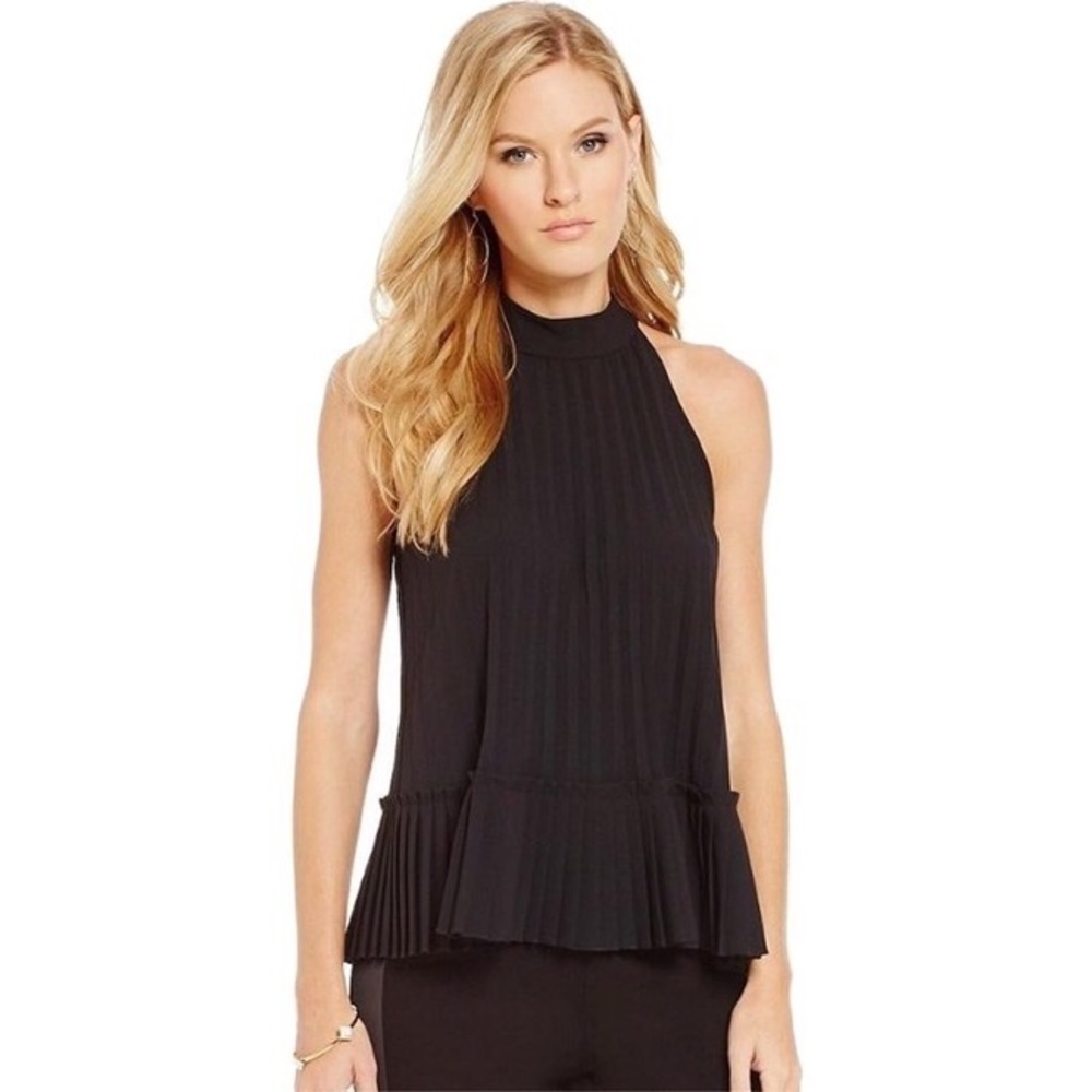Nicole Miller Artelier Black Pleated Sleeveless Mock Neck Blouse BF10197 EUC XS